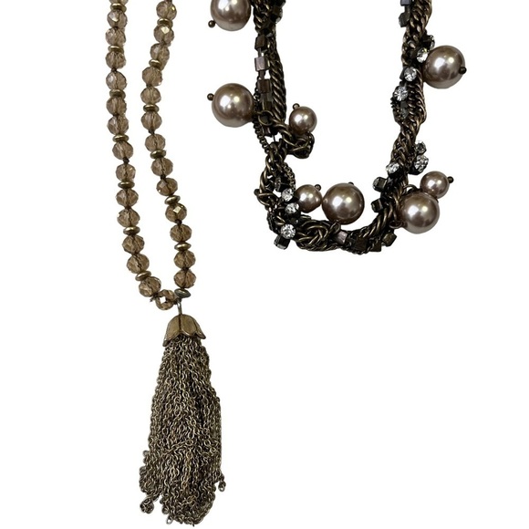 J Crew Necklaces Multi Strand Pearls Rhinestones Beads Tassels Antique Gold Look - Picture 1 of 6
